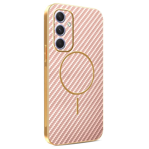 For Samsung Galaxy A54 5G Phone Case Carbon Fiber Textured Electroplated TPU Back Cover - Pink - 1