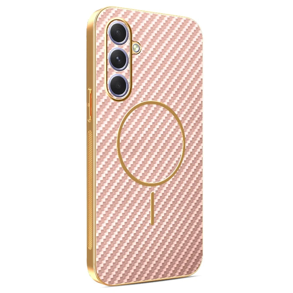 For Samsung Galaxy A55 5G Phone Case Carbon Fiber Textured Electroplated TPU Back Cover - Pink - 1