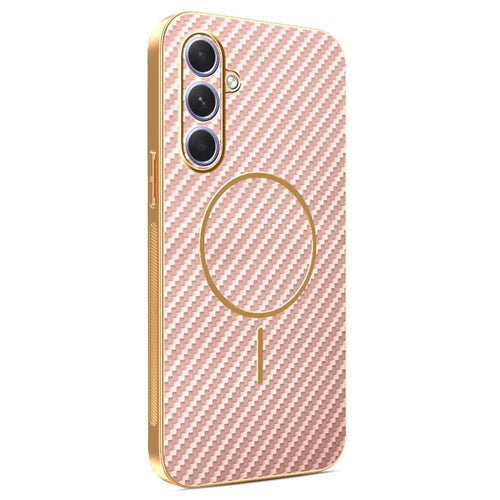 For Samsung Galaxy A55 5G Phone Case Carbon Fiber Textured Electroplated TPU Back Cover - Pink - 1