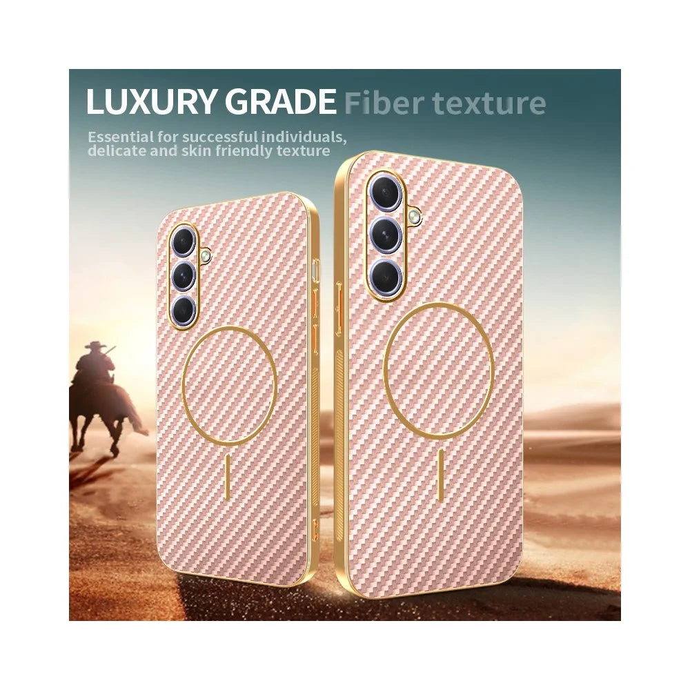 For Samsung Galaxy A55 5G Phone Case Carbon Fiber Textured Electroplated TPU Back Cover - Pink - 4