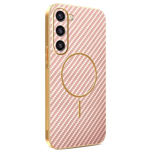 For Samsung Galaxy S23+ Phone Case Carbon Fiber Textured Electroplated TPU Back Cover - Pink - 1