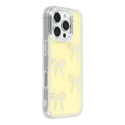 For iPhone 16 Pro Case Rhinestone Edge Butterfly Bow Decor TPU + PC IMD Phone Cover - Glitter Light Yellow - 1
