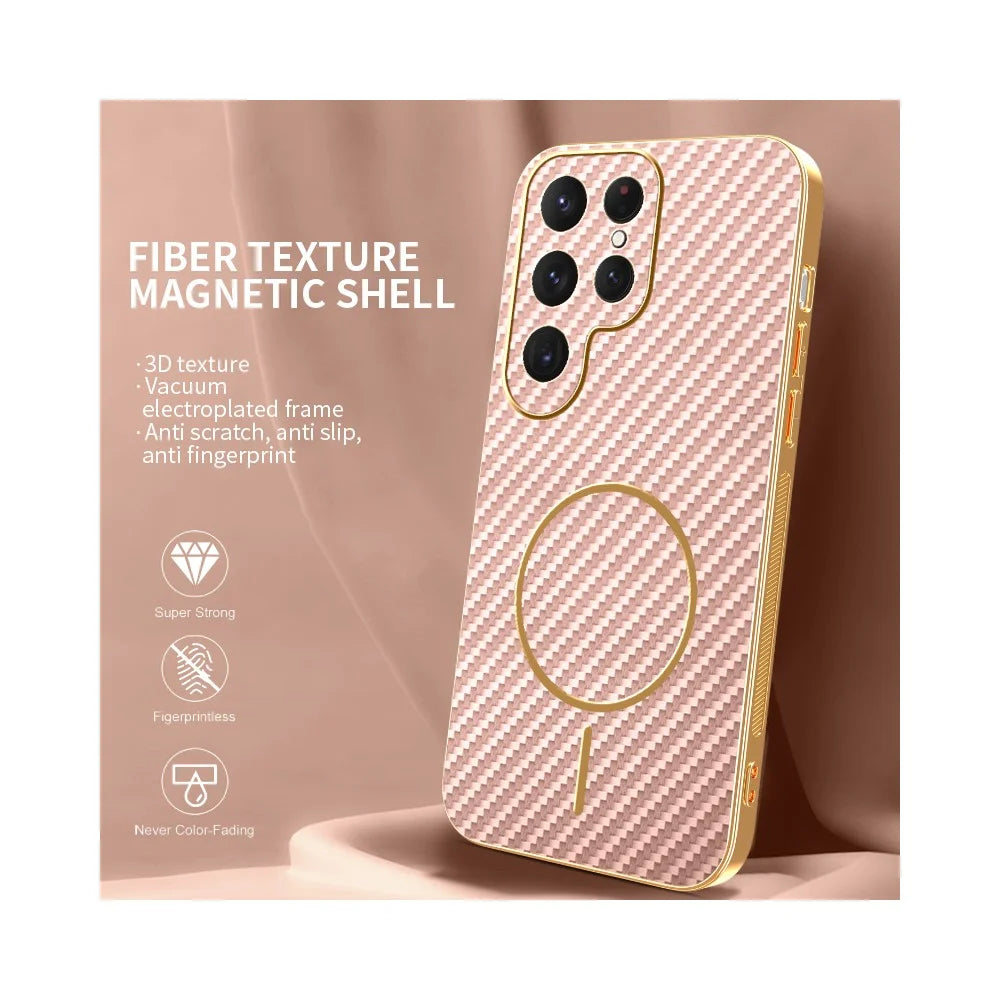 For Samsung Galaxy S23 Ultra Phone Case Carbon Fiber Textured Electroplated TPU Back Cover - Pink - 2