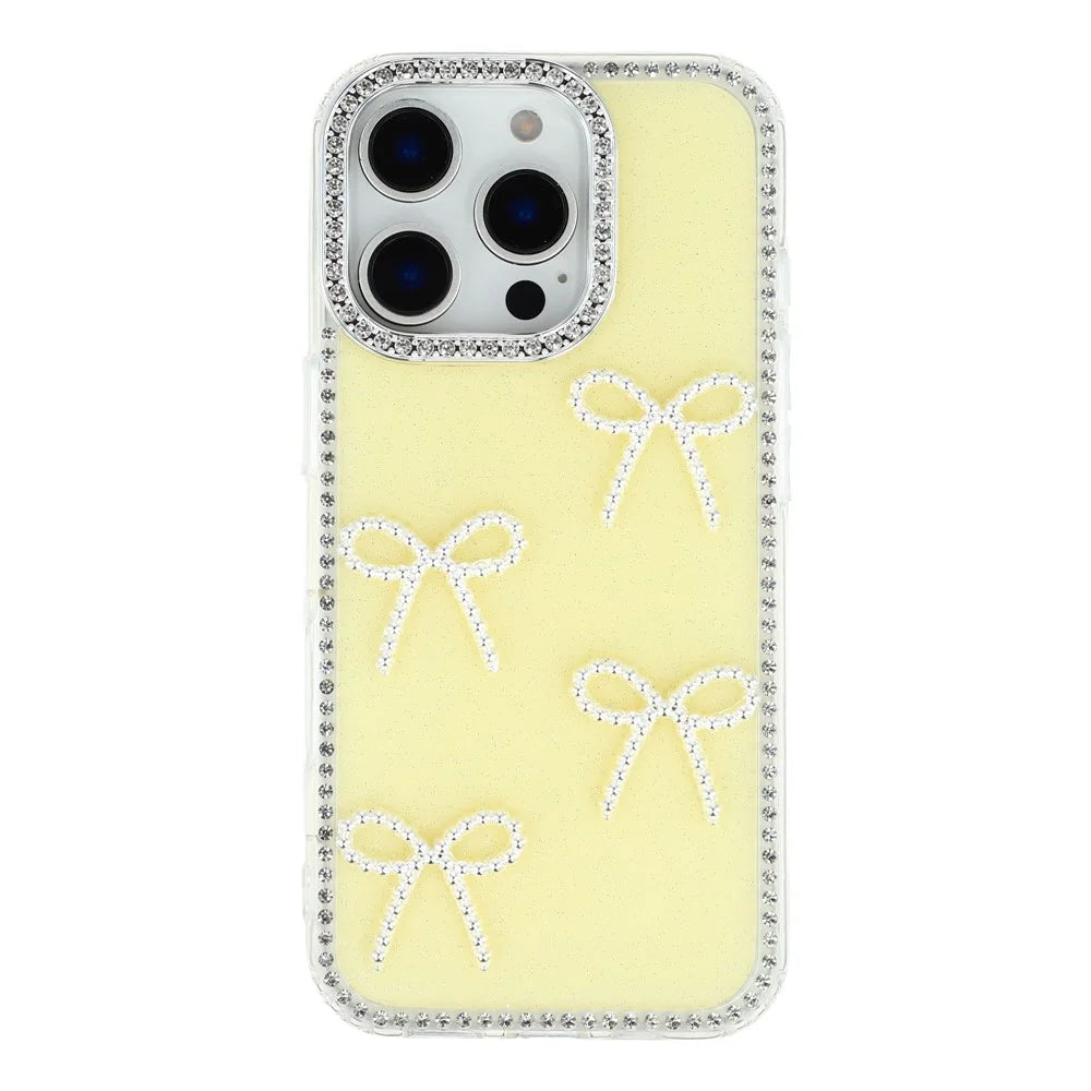 For iPhone 16 Pro Max Case Rhinestone Edge Butterfly Bow Decor TPU + PC IMD Phone Cover - Glitter Light Yellow - 3