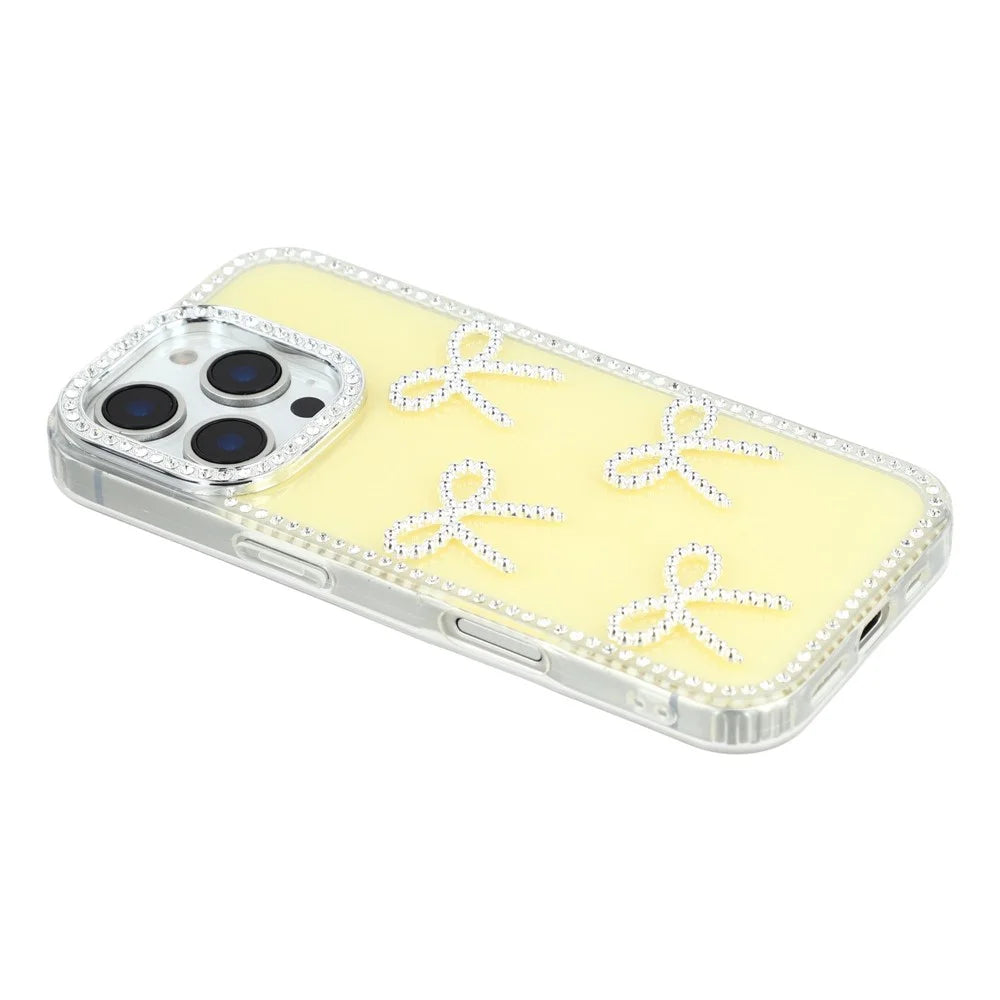 For iPhone 16 Pro Max Case Rhinestone Edge Butterfly Bow Decor TPU + PC IMD Phone Cover - Glitter Light Yellow - 4