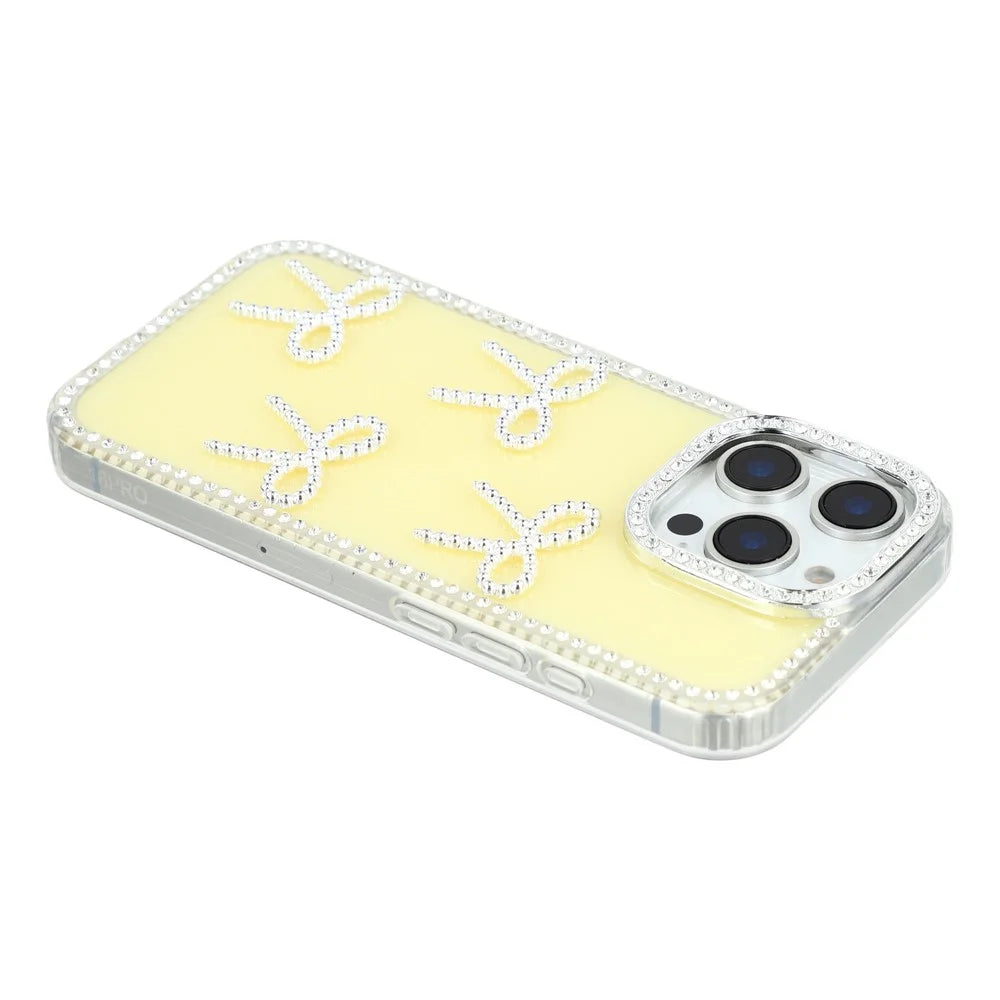 For iPhone 16 Pro Max Case Rhinestone Edge Butterfly Bow Decor TPU + PC IMD Phone Cover - Glitter Light Yellow - 5