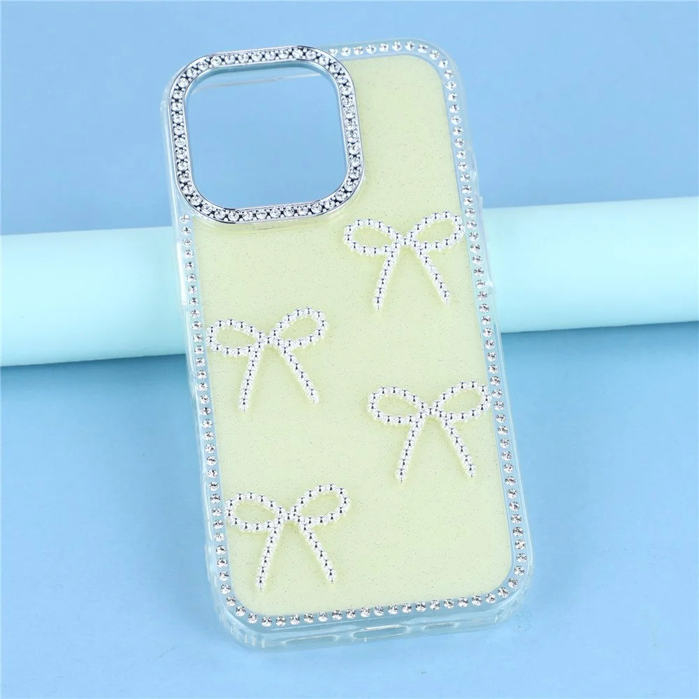 For iPhone 16 Pro Max Case Rhinestone Edge Butterfly Bow Decor TPU + PC IMD Phone Cover - Glitter Light Yellow - 6