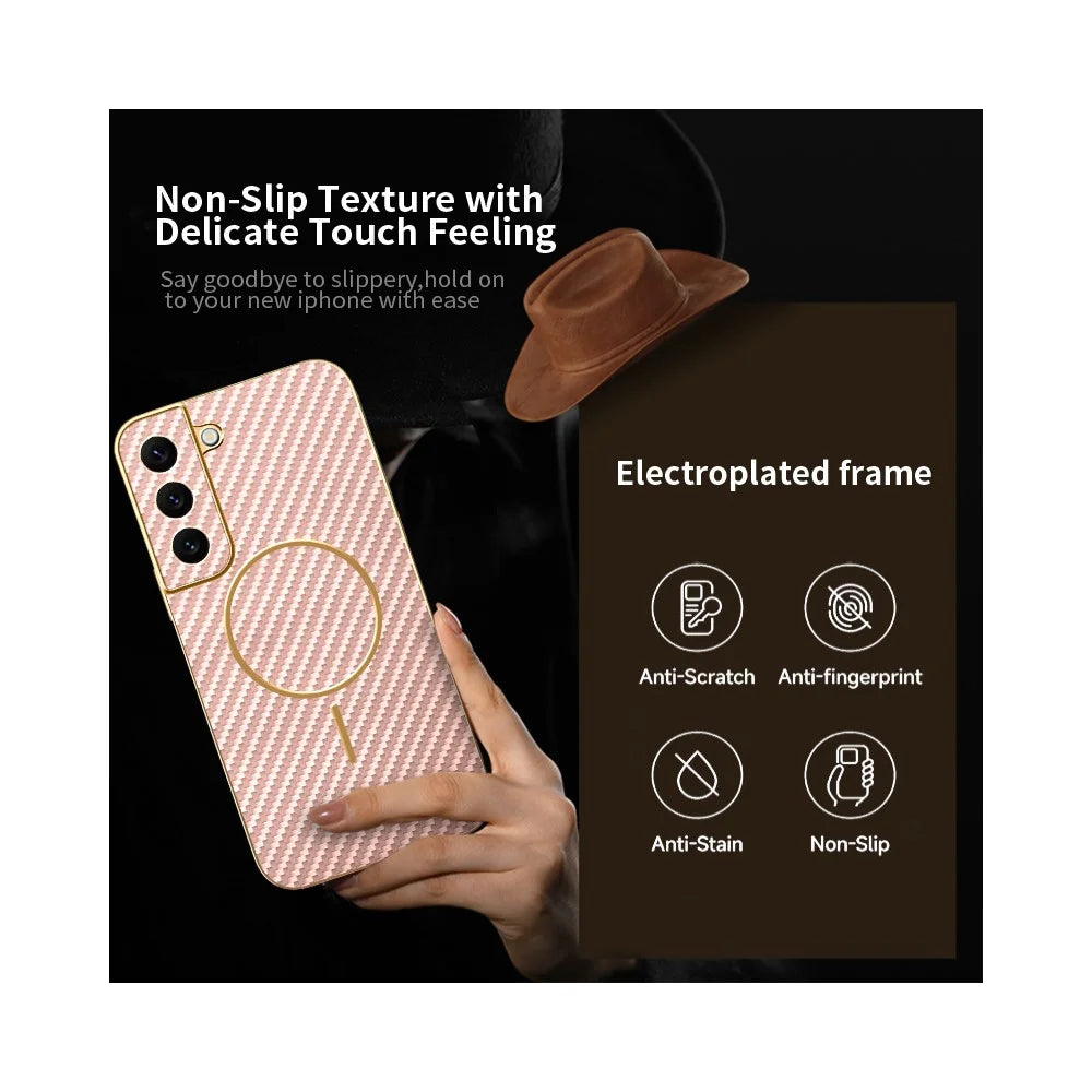 For Samsung Galaxy S22 5G Phone Case Carbon Fiber Textured Electroplated TPU Back Cover - Pink - 3
