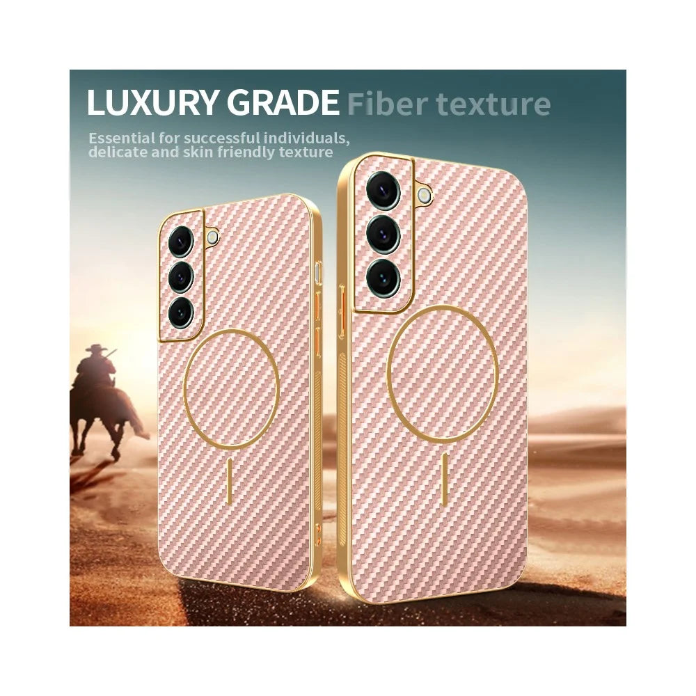 For Samsung Galaxy S22+ 5G Phone Case Carbon Fiber Textured Electroplated TPU Back Cover - Pink - 4