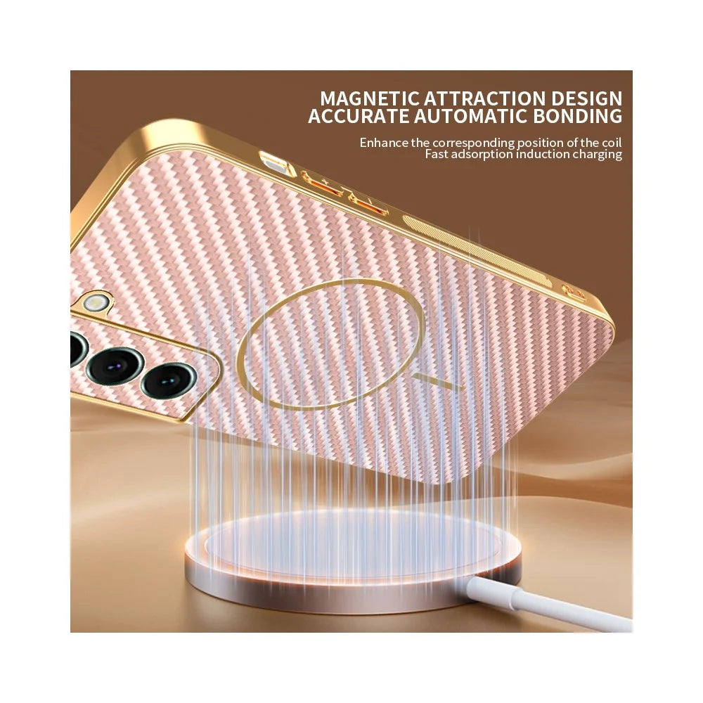 For Samsung Galaxy S22+ 5G Phone Case Carbon Fiber Textured Electroplated TPU Back Cover - Pink - 5