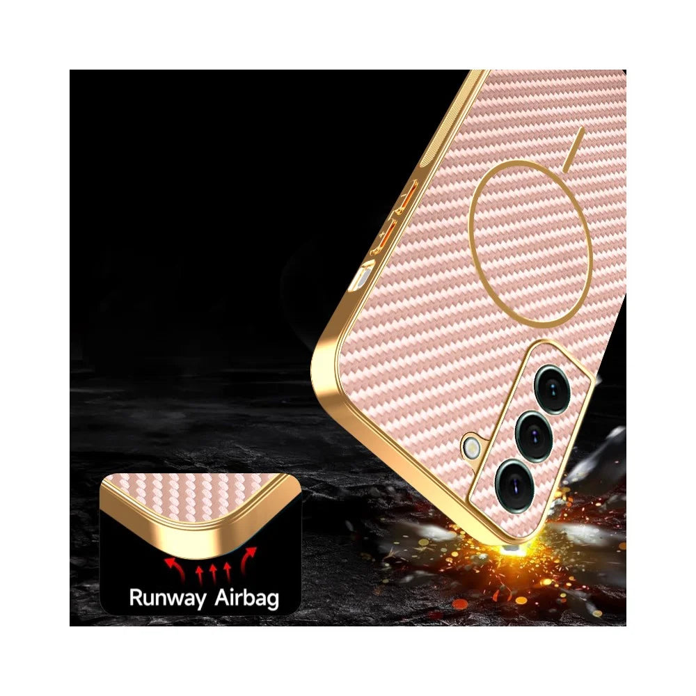 For Samsung Galaxy S22+ 5G Phone Case Carbon Fiber Textured Electroplated TPU Back Cover - Pink - 7