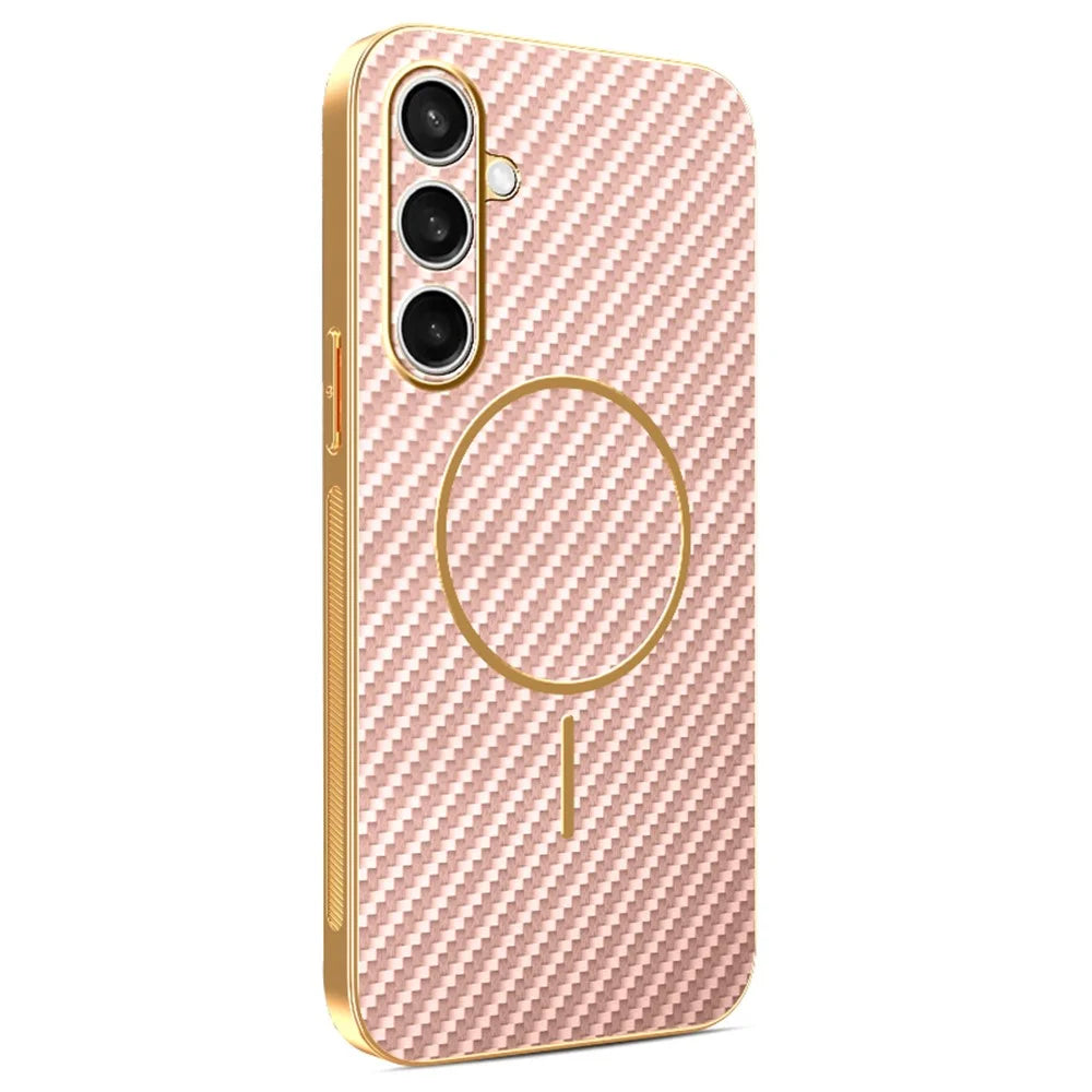 For Samsung Galaxy S25 FE Phone Case Carbon Fiber Textured Electroplated TPU Back Cover - Pink - 1