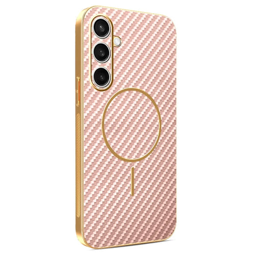 For Samsung Galaxy S25 FE Phone Case Carbon Fiber Textured Electroplated TPU Back Cover - Pink - 1