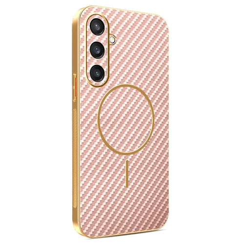 For Samsung Galaxy S23 FE Phone Case Carbon Fiber Textured Electroplated TPU Back Cover - Pink - 1