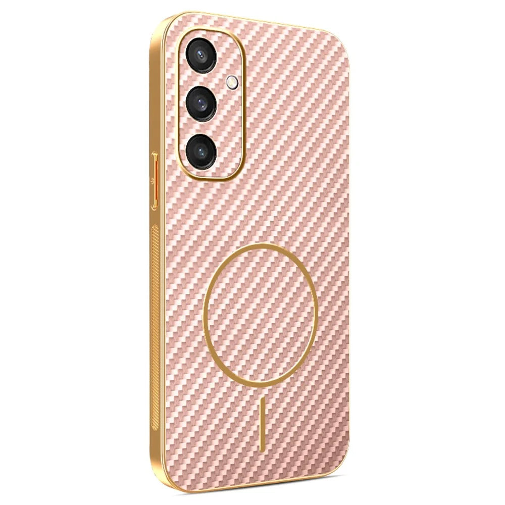 For Samsung Galaxy S24 Phone Case Carbon Fiber Textured Electroplated TPU Back Cover - Pink - 1