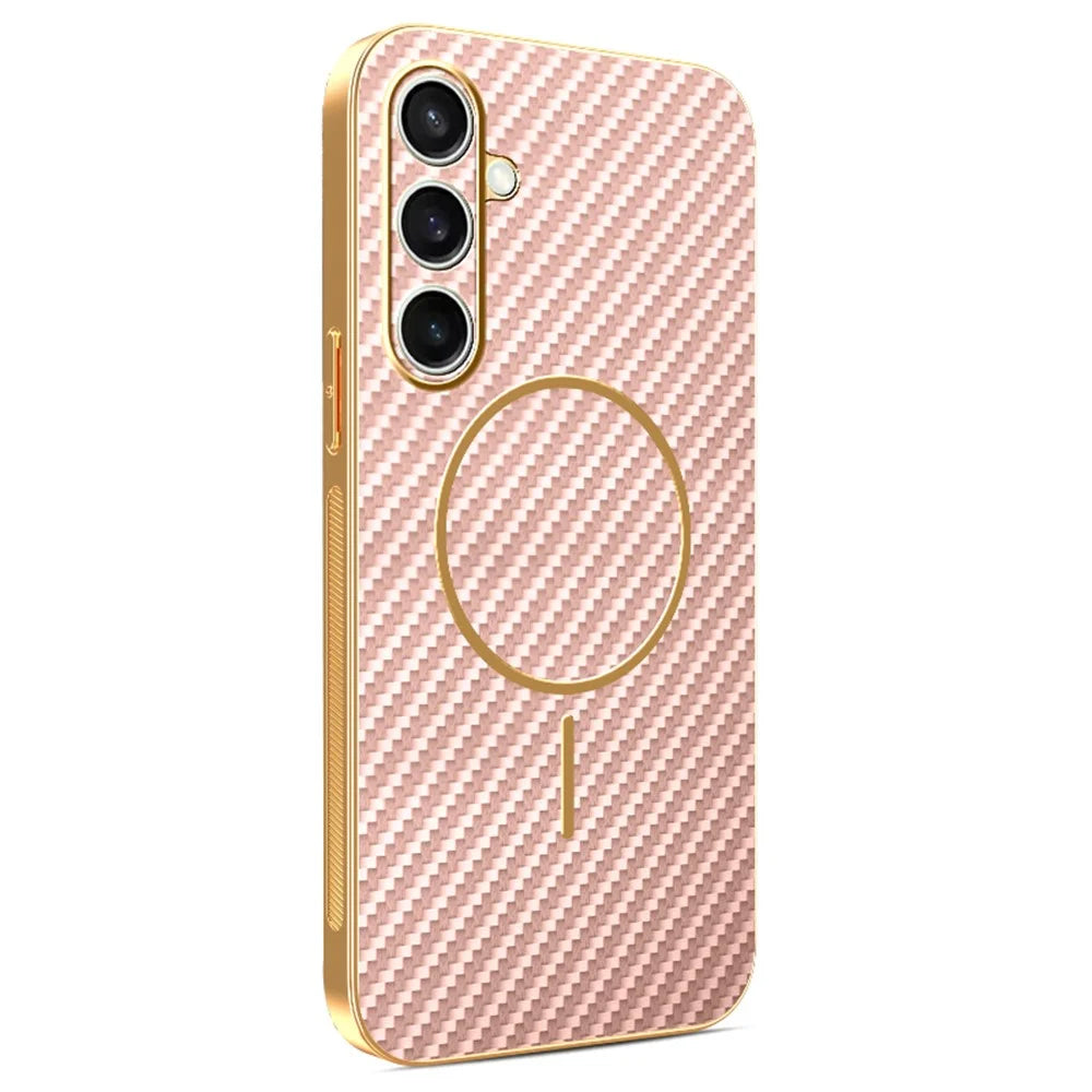 For Samsung Galaxy S24 FE Phone Case Carbon Fiber Textured Electroplated TPU Back Cover - Pink - 1