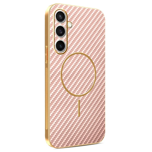 For Samsung Galaxy S24 FE Phone Case Carbon Fiber Textured Electroplated TPU Back Cover - Pink - 1