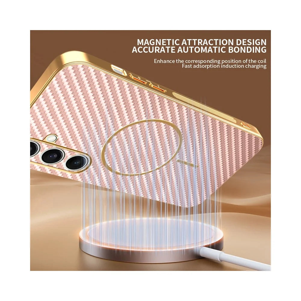 For Samsung Galaxy S24 FE Phone Case Carbon Fiber Textured Electroplated TPU Back Cover - Pink - 5