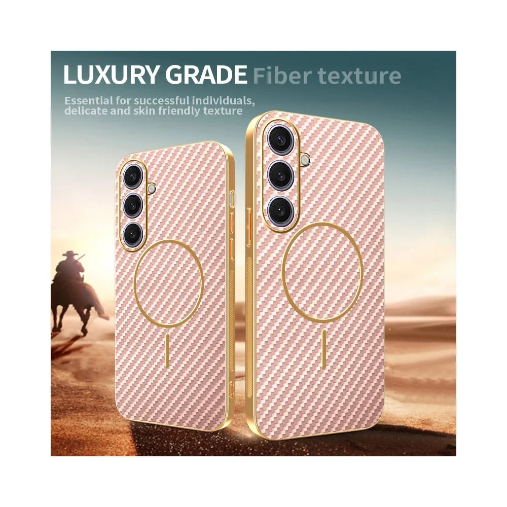 For Samsung Galaxy S24+ Phone Case Carbon Fiber Textured Electroplated TPU Back Cover - Pink - 4
