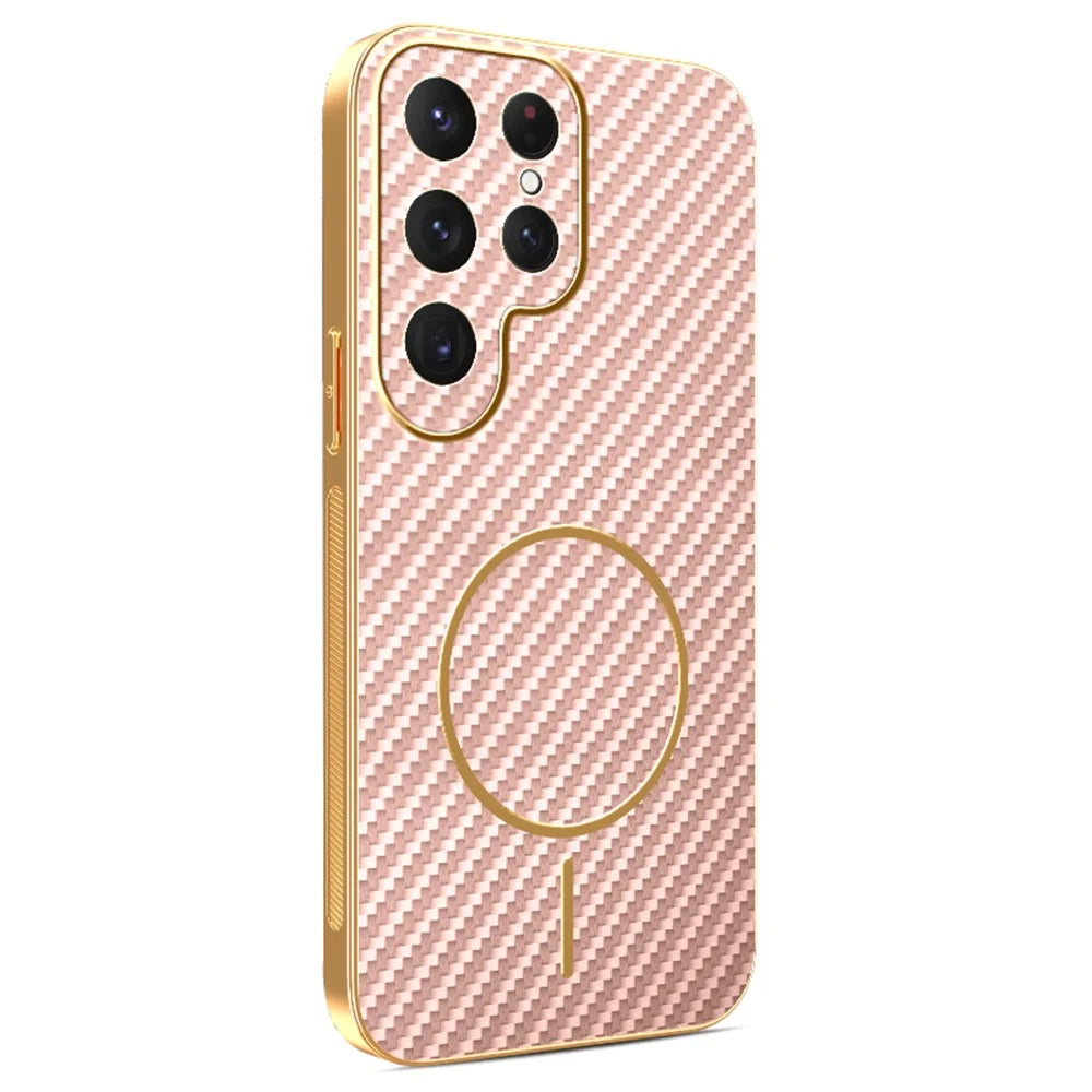 For Samsung Galaxy S24 Ultra Phone Case Carbon Fiber Textured Electroplated TPU Back Cover - Pink - 1