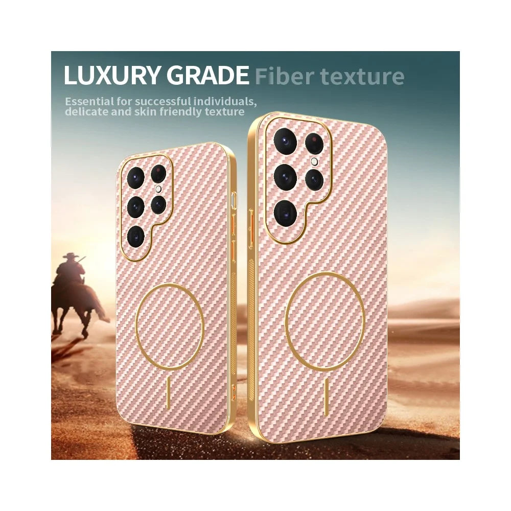 For Samsung Galaxy S24 Ultra Phone Case Carbon Fiber Textured Electroplated TPU Back Cover - Pink - 4