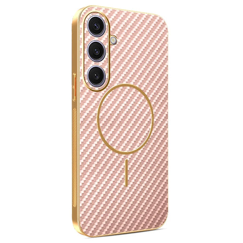 For Samsung Galaxy S25+ Phone Case Carbon Fiber Textured Electroplated TPU Back Cover - Pink - 1