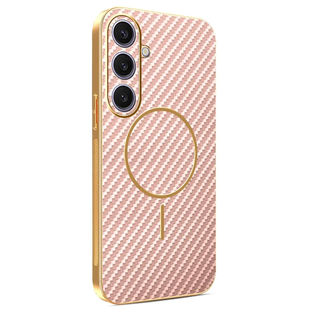 For Samsung Galaxy S25+ Phone Case Carbon Fiber Textured Electroplated TPU Back Cover - Pink - 1