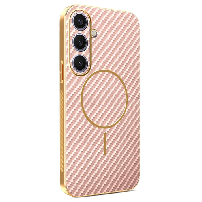 For Samsung Galaxy S25+ Phone Case Carbon Fiber Textured Electroplated TPU Back Cover - Pink - 1