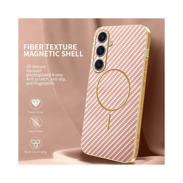 For Samsung Galaxy S25+ Phone Case Carbon Fiber Textured Electroplated TPU Back Cover - Pink - 2