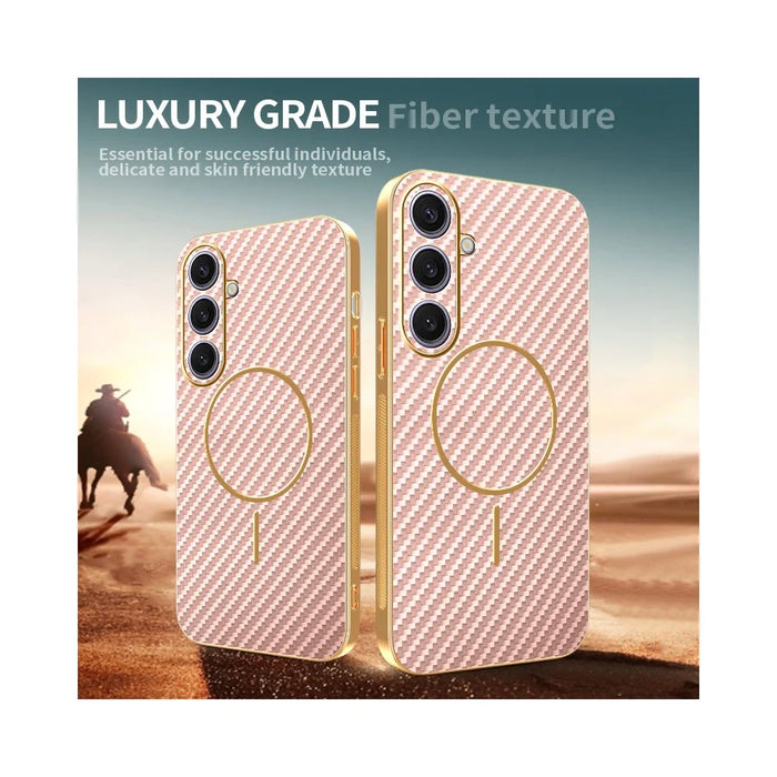 For Samsung Galaxy S25+ Phone Case Carbon Fiber Textured Electroplated TPU Back Cover - Pink - 4