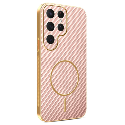 For Samsung Galaxy S25 Ultra Phone Case Carbon Fiber Textured Electroplated TPU Back Cover - Pink - 1