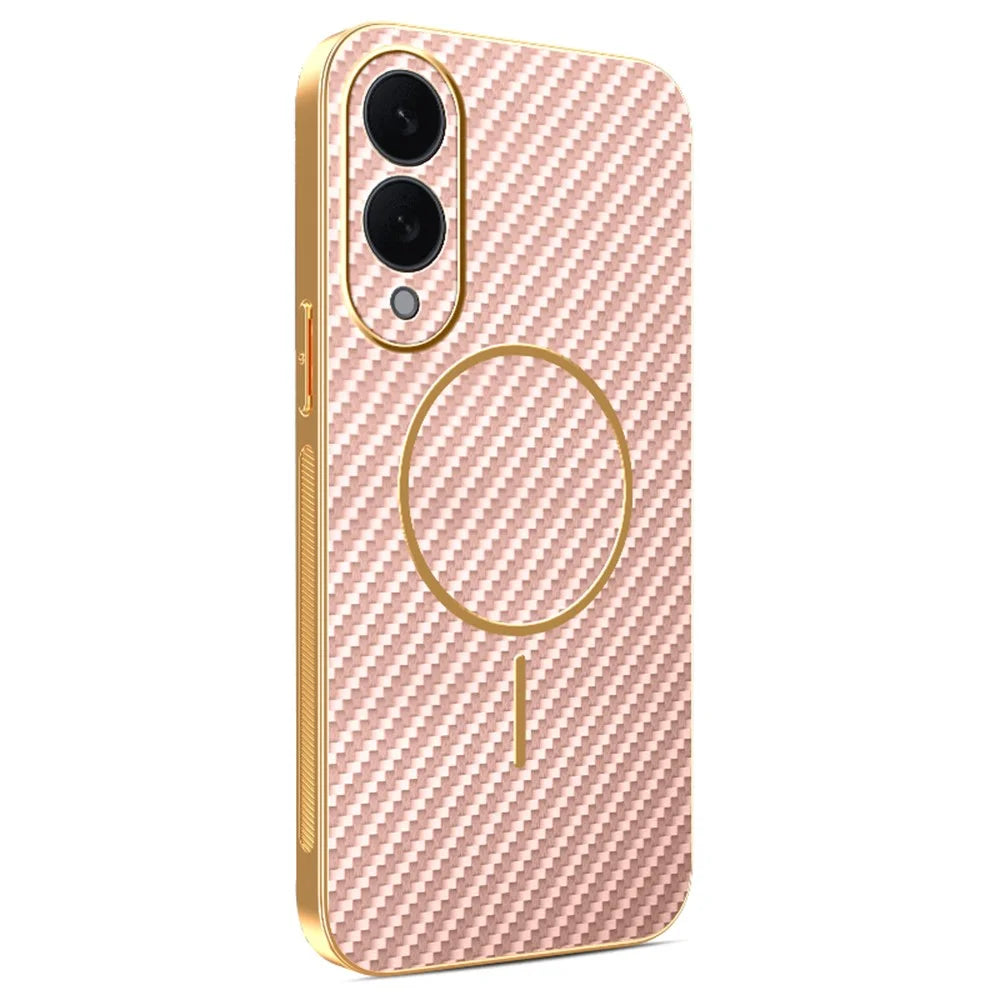 For Samsung Galaxy S25 Edge Phone Case Carbon Fiber Textured Electroplated TPU Back Cover - Pink - 1
