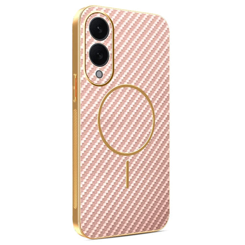 For Samsung Galaxy S25 Edge Phone Case Carbon Fiber Textured Electroplated TPU Back Cover - Pink - 1