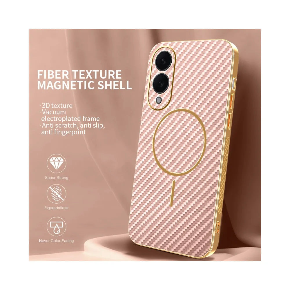 For Samsung Galaxy S25 Edge Phone Case Carbon Fiber Textured Electroplated TPU Back Cover - Pink - 2