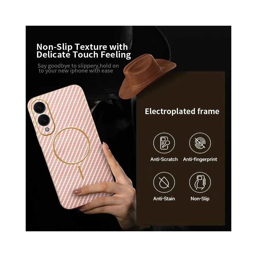 For Samsung Galaxy S25 Edge Phone Case Carbon Fiber Textured Electroplated TPU Back Cover - Pink - 3