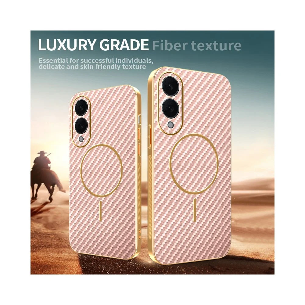 For Samsung Galaxy S25 Edge Phone Case Carbon Fiber Textured Electroplated TPU Back Cover - Pink - 4