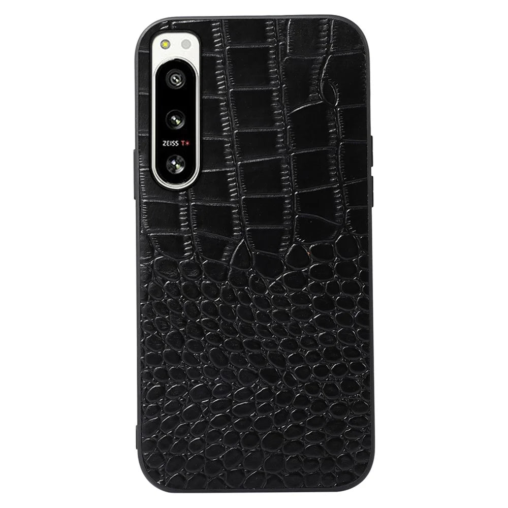 For Sony Xperia 5 IV 5G Crocodile Texture Anti-Shock Phone Case Genuine Cowhide Leather Coated PC+TPU Cover - Black - 1