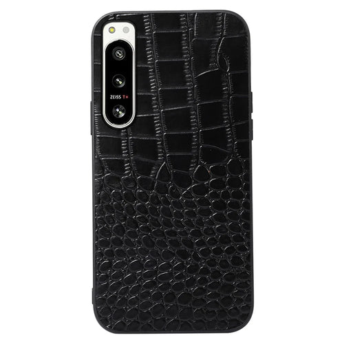 For Sony Xperia 5 IV 5G Crocodile Texture Anti-Shock Phone Case Genuine Cowhide Leather Coated PC+TPU Cover - Black - 1