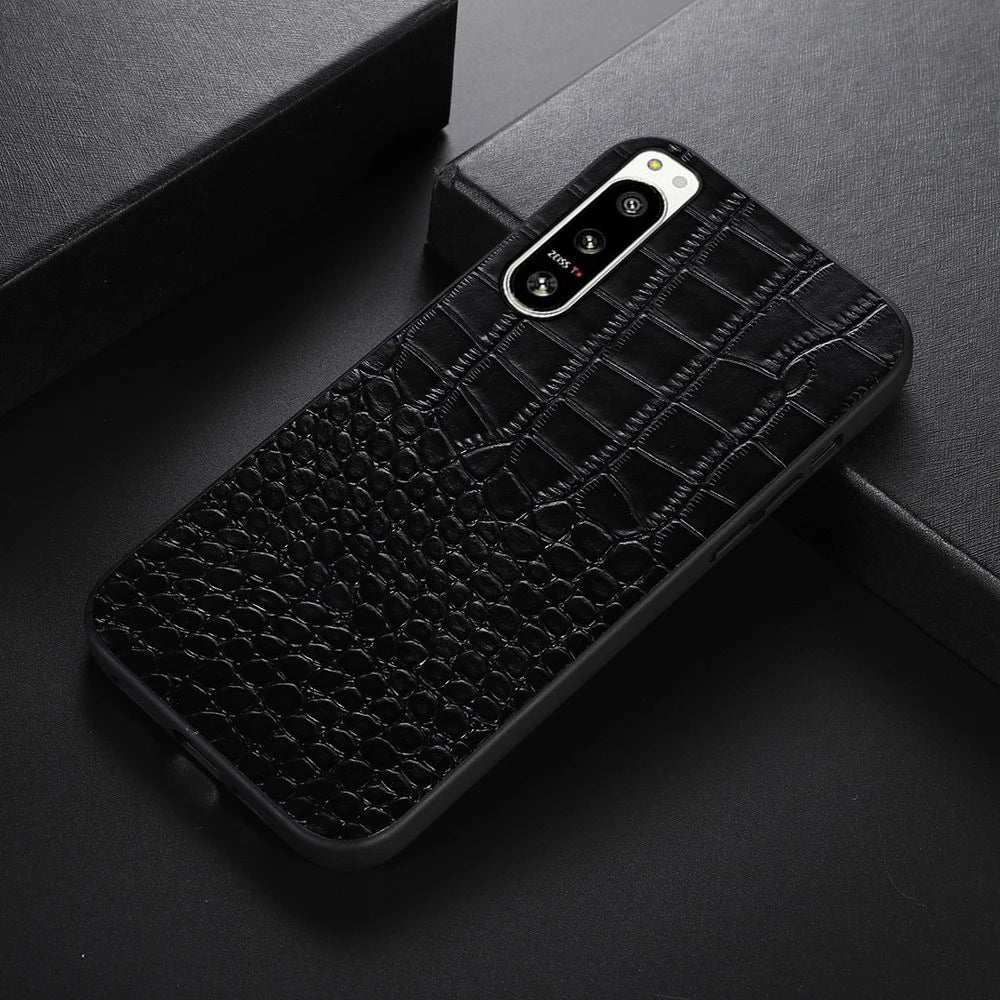 For Sony Xperia 5 IV 5G Crocodile Texture Anti-Shock Phone Case Genuine Cowhide Leather Coated PC+TPU Cover - Black - 2