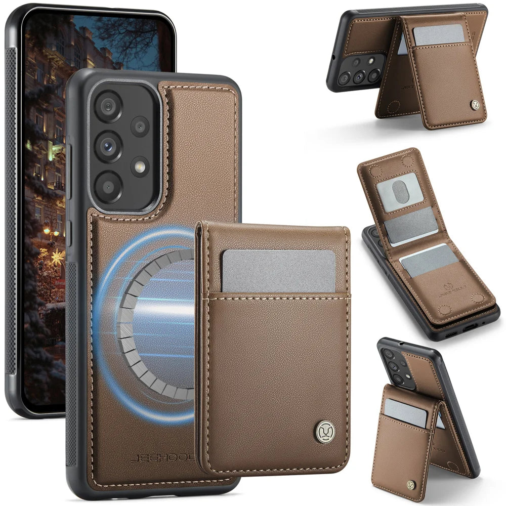 JEEHOOD For Samsung Galaxy A33 5G Leather Back Cover Magnetic Case  J06 Phone Case with Card Bag RFID Blocking - Brown - 1