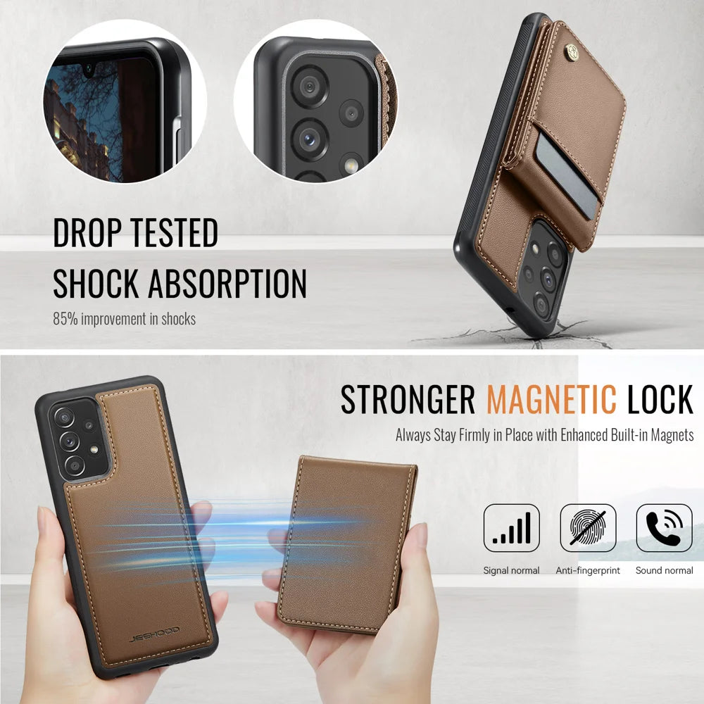 JEEHOOD For Samsung Galaxy A33 5G Leather Back Cover Magnetic Case  J06 Phone Case with Card Bag RFID Blocking - Brown - 5