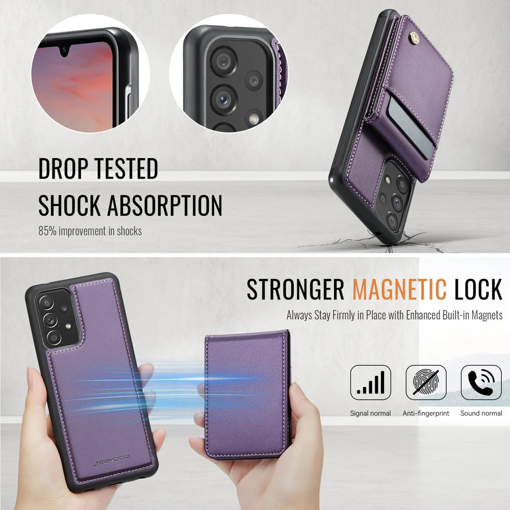 JEEHOOD For Samsung Galaxy A52 5G / Galaxy A52s 5G / Galaxy A52 4G Leather Back Cover Magnetic Case  J06 Phone Case with Card Bag RFID Blocking - Purple - 5
