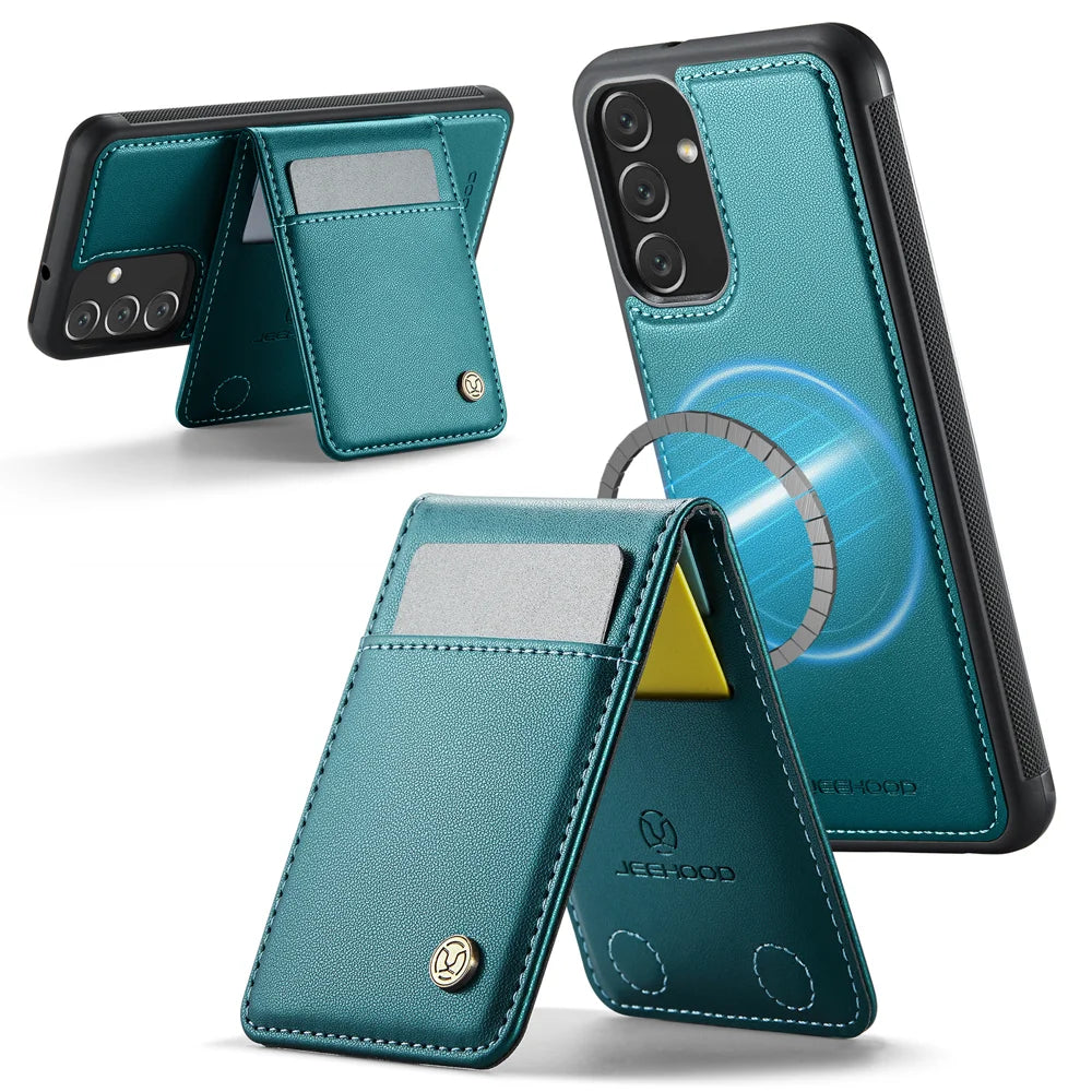 JEEHOOD For Samsung Galaxy A14 4G / Galaxy M44 5G / Galaxy A14 5G Leather Back Cover Magnetic Case  J06 Phone Case with Card Bag RFID Blocking - Blue - 2