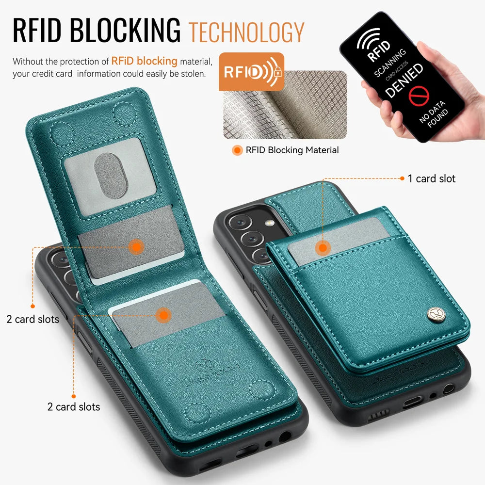 JEEHOOD For Samsung Galaxy A14 4G / Galaxy M44 5G / Galaxy A14 5G Leather Back Cover Magnetic Case  J06 Phone Case with Card Bag RFID Blocking - Blue - 3