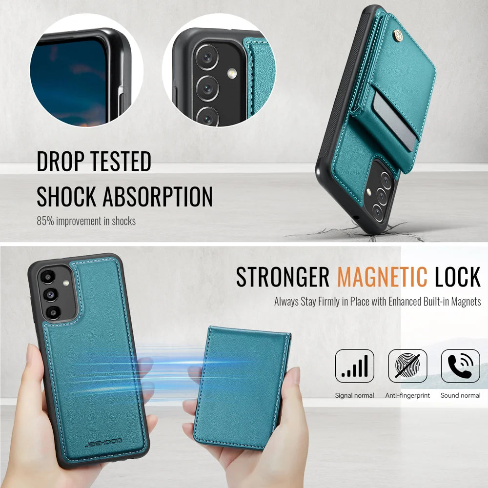 JEEHOOD For Samsung Galaxy A14 4G / Galaxy M44 5G / Galaxy A14 5G Leather Back Cover Magnetic Case  J06 Phone Case with Card Bag RFID Blocking - Blue - 5