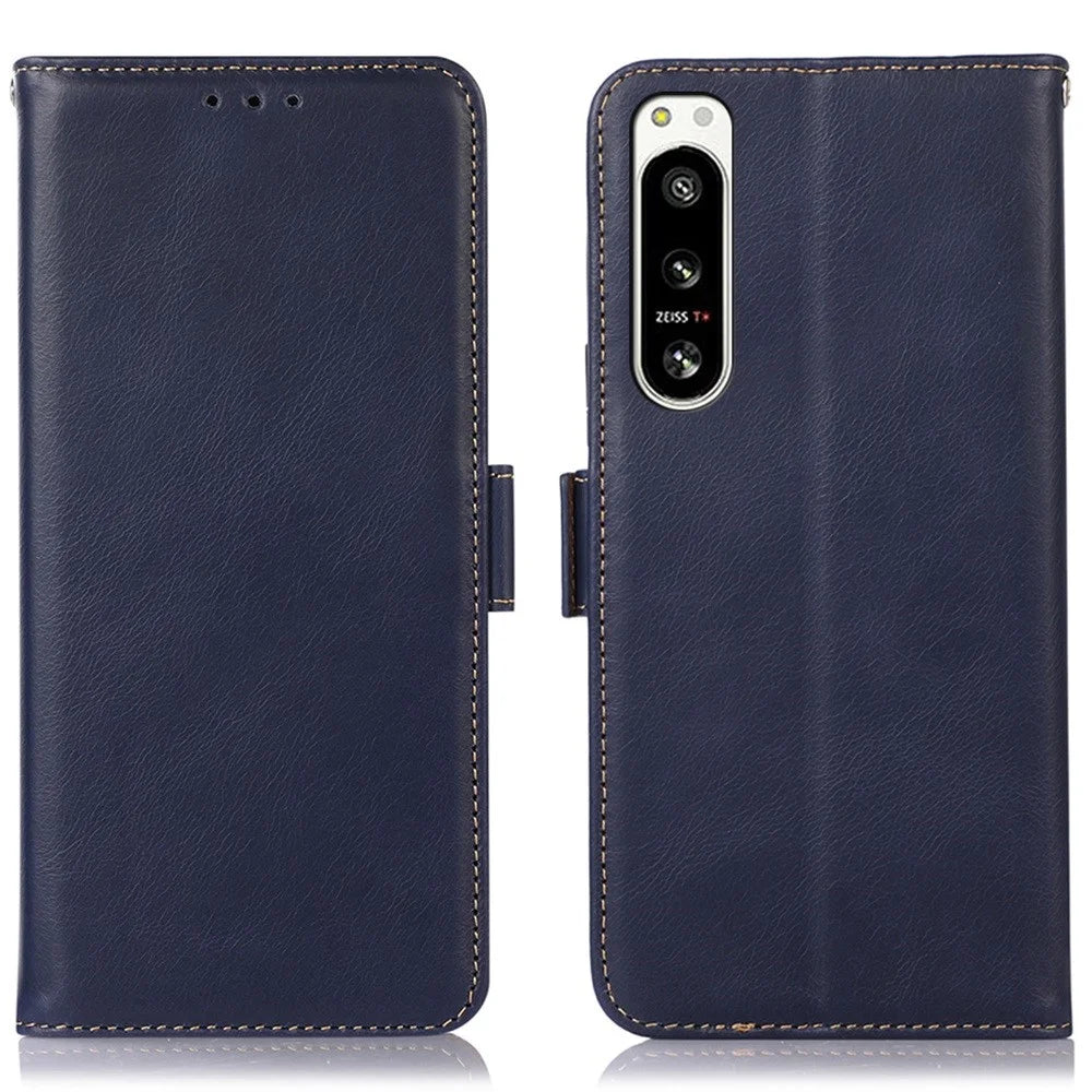 For Sony Xperia 5 IV 5G RFID Blocking Wallet Phone Case Crazy Horse Texture Genuine Cowhide Leather Magnetic Folio PU Leather Stand Flip Cover - Blue - 1