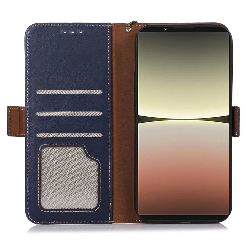 For Sony Xperia 5 IV 5G RFID Blocking Wallet Phone Case Crazy Horse Texture Genuine Cowhide Leather Magnetic Folio PU Leather Stand Flip Cover - Blue - 4