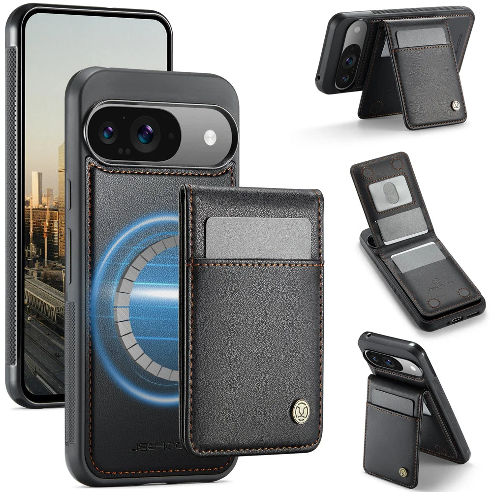 JEEHOOD For Google Pixel 9 Pro / Google Pixel 9 Leather Back Cover Magnetic Case  J06 Phone Case with Card Bag RFID Blocking - Black - 1
