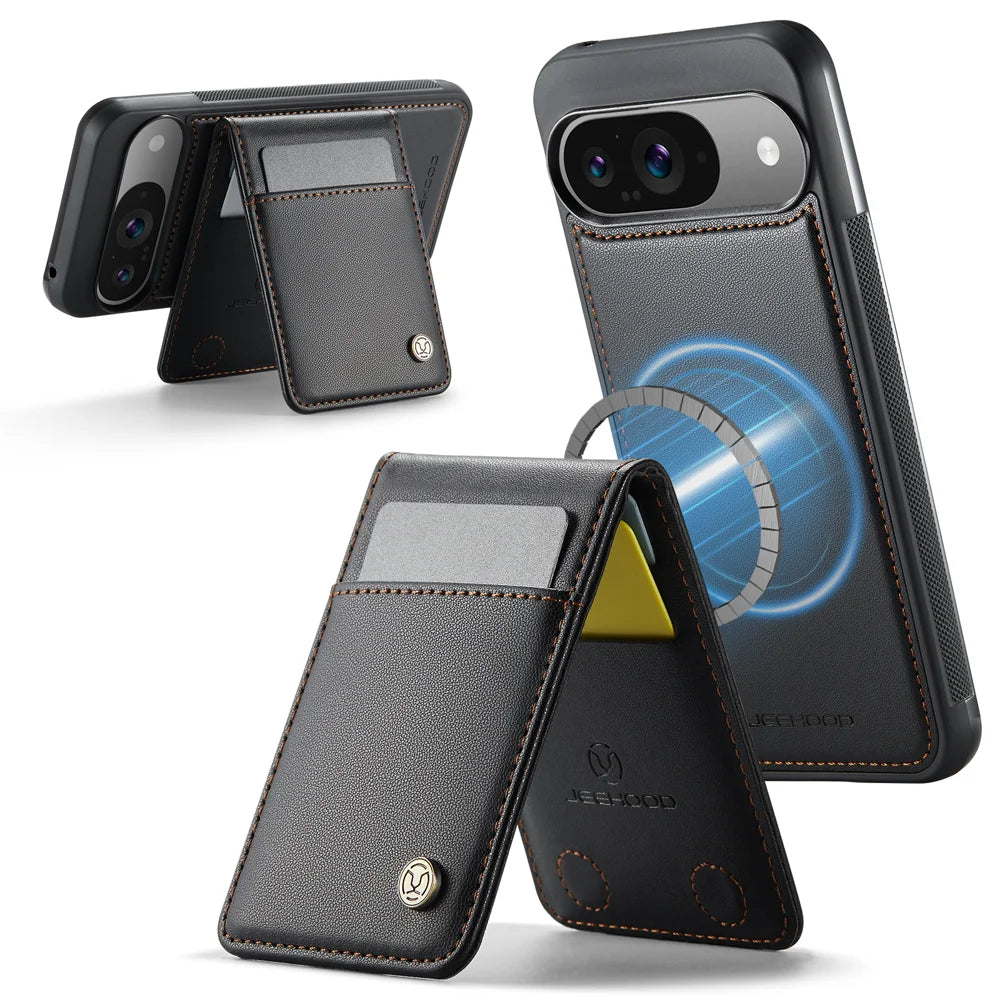 JEEHOOD For Google Pixel 9 Pro / Google Pixel 9 Leather Back Cover Magnetic Case  J06 Phone Case with Card Bag RFID Blocking - Black - 2