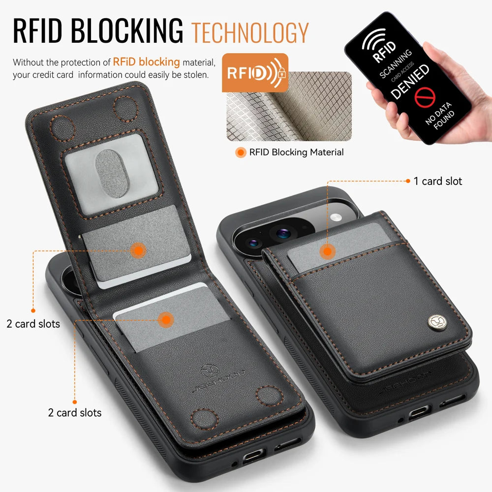 JEEHOOD For Google Pixel 9 Pro / Google Pixel 9 Leather Back Cover Magnetic Case  J06 Phone Case with Card Bag RFID Blocking - Black - 3